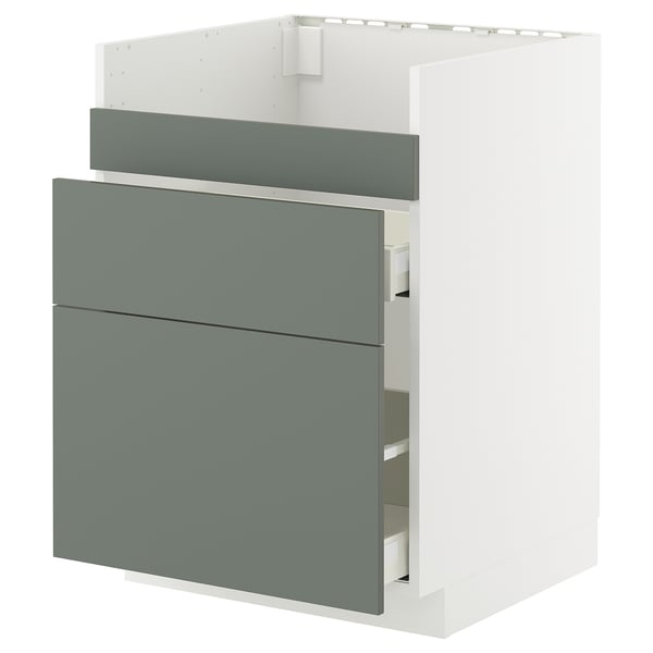 Armoire de cuisine moderne avec façades de tiroirs nickebo gris-vert, cadre blanc, trois tiroirs.