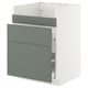 Armoire de cuisine moderne avec façades de tiroirs nickebo gris-vert, cadre blanc, trois tiroirs.
