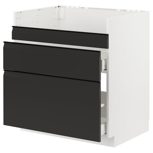 Armoire de cuisine METOD en noir et blanc, design épuré avec trois tiroirs.