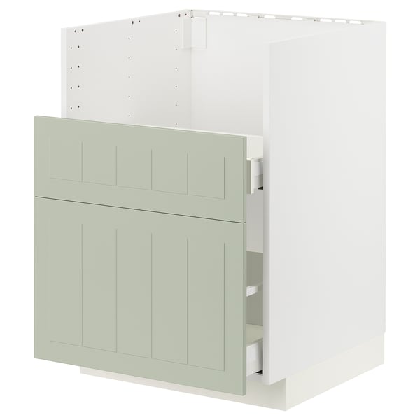 Un meuble de cuisine METOD en vert avec un tiroir. Il est rectangulaire et fait de panneaux de particules et de fibres, avec un design simple et artisanal.