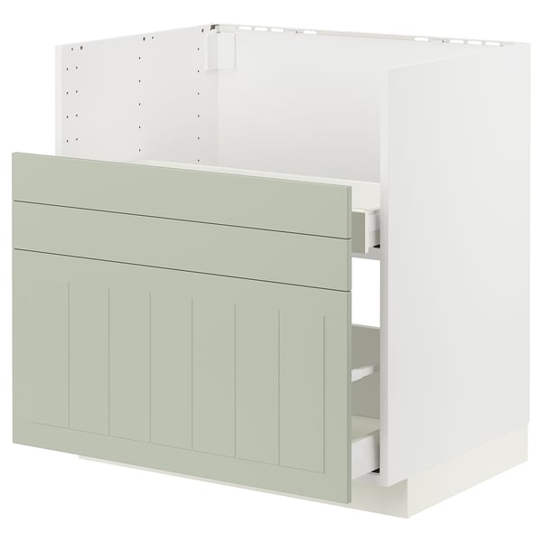 Meuble de cuisine METOD avec façades en stensund vert, texture bois, forme rectangulaire et tiroirs à fermeture amortie.