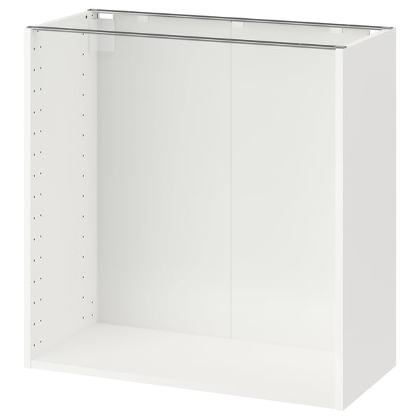 Armoire de cuisine METOD blanche avec finition brillante, trous pré-percés pour étagères réglables, design minimaliste moderne.
