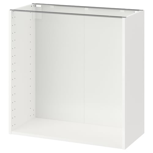 Armoire de cuisine METOD blanche avec finition brillante, trous pré-percés pour étagères réglables, design minimaliste moderne.