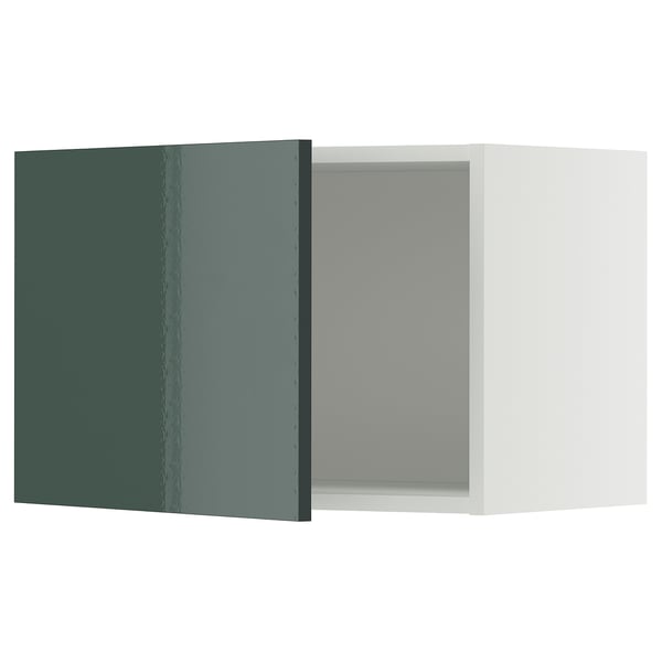 Meuble de cuisine METOD avec portes gris verdâtre brillant, forme rectangulaire, design moderne.
