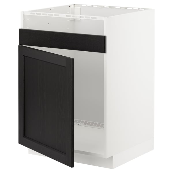 Armoire de cuisine METOD noir et blanc avec porte en frêne teinté et design moderne.