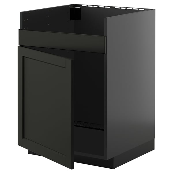 Armoire de cuisine METOD noire avec bords biseautés et porte en bois. Design carré et moderne.