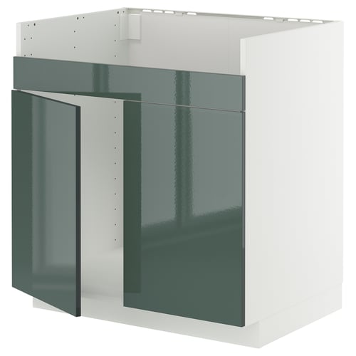 Un meuble de cuisine METOD en gris-vert brillant au design moderne.