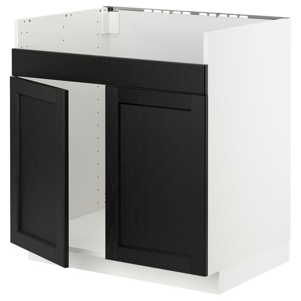 Unité de cuisine METOD : bois blanc et brun foncé, forme carrée, panneaux plats, cadre robuste.
