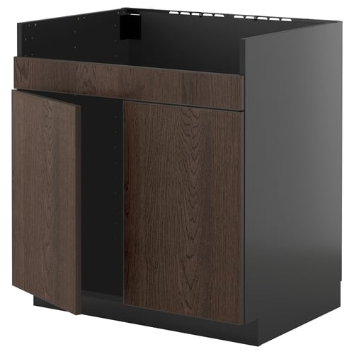 Unité de cuisine moderne, noire et marron foncé, carrée, avec portes en bois.