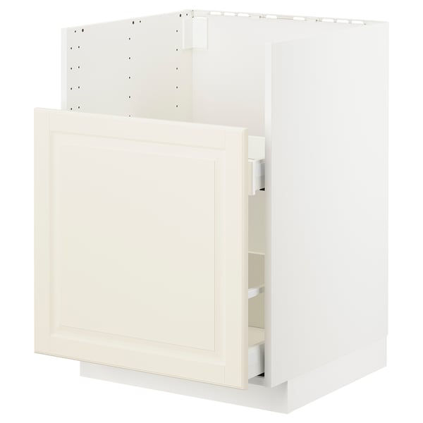 Armoire METOD blanc cassé : unité de cuisine avec tiroir biseauté, cadre robuste.