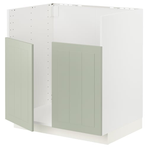 Meuble de cuisine METOD en vert avec panneaux gris clair, forme rectangulaire, design de bord.