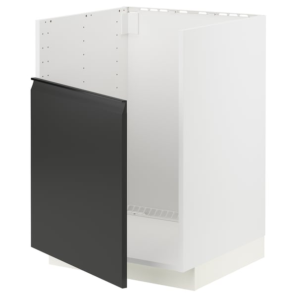 Armoire de cuisine noire moderne avec cadre blanc, design élégant, construction robuste.