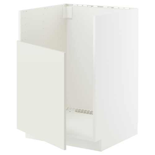 Représente un meuble de cuisine METOD blanc au design moderne aux lignes épurées. Il a une forme carrée avec des trous pré-percés pour un assemblage facile.