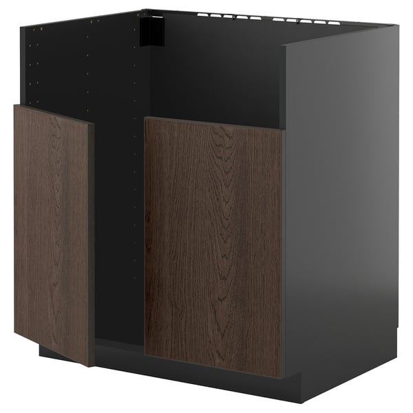 L’image montre une armoire basse METOD gris foncé avec des portes en bois brun foncé et des côtés métalliques.
