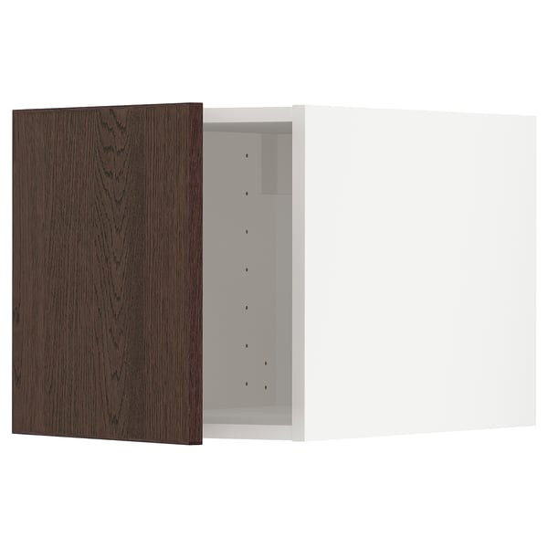 Armoire de cuisine METOD, en bois de sinarp brun foncé, associée à une façade en placage de chêne, charnières à pression, rectangulaire.