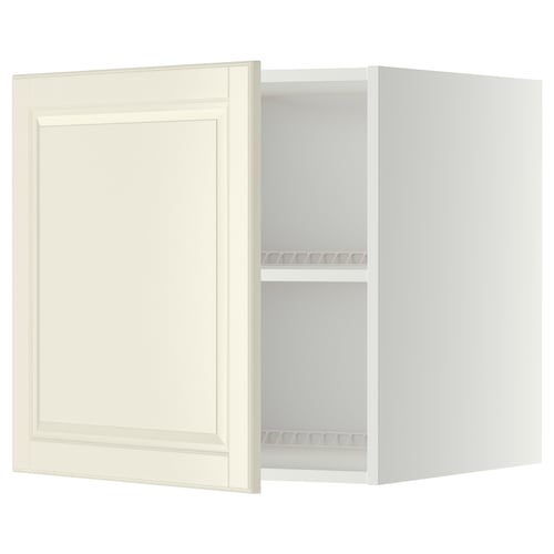 Armoire murale blanc cassé, crème, système de cuisine METOD, bois avec bords biseautés, carré, étagère de rangement à l’intérieur.