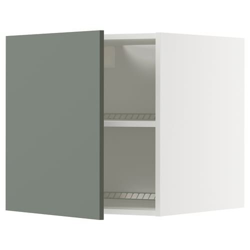 Armoire ouverte vert-gris, intérieur blanc, deux étagères.