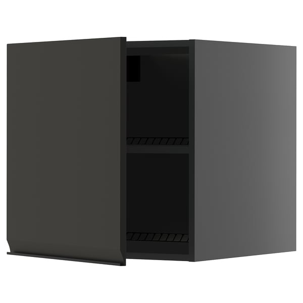 Armoire de cuisine ouverte gris foncé avec finition mate et deux étagères. Design moderne et minimaliste.