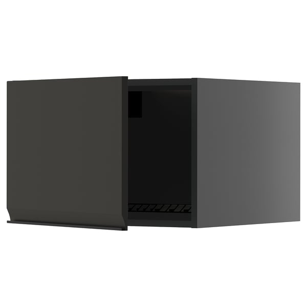 Armoire de cuisine noire, design moderne, finition mate, forme carrée, poignée intégrée.