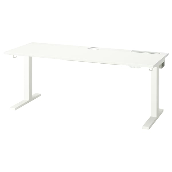 Bureau assis-debout blanc MITTZON : design minimaliste, deux moteurs, confort ergonomique. Hauteur réglable, gestion des câbles, support robuste.