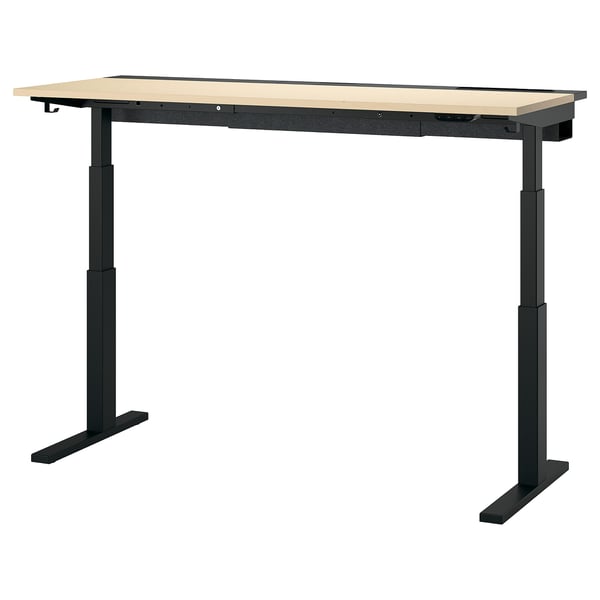 Bureau assis/debout MITTZON : pieds noirs, plateau beige, hauteur réglable, deux moteurs, robuste.