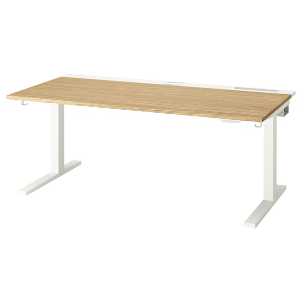 Bureau debout MITTZON : plateau en bois clair, pieds blancs, hauteur réglable, design moderne.