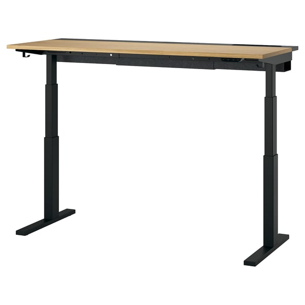 Bureau assis-debout MITTZON : base en métal, plateau en bois, réglable. Ou bien : bureau debout MITTZON : piètement noir, plateau en bois, réglable en hauteur.