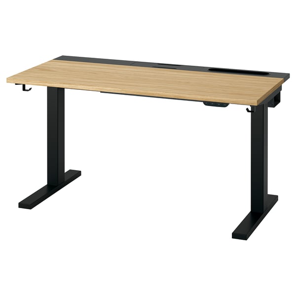 Bureau Mittzon, plateau en bois clair et base en métal noir, réglable en hauteur.