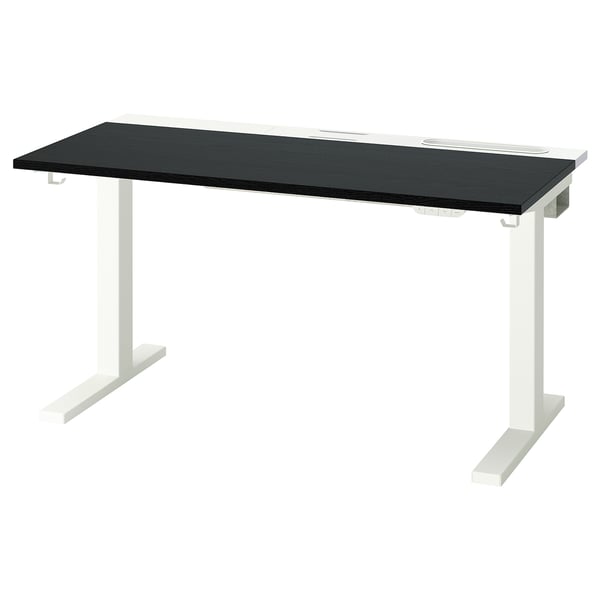 Bureau MITTZON : plateau noir, pieds blancs, hauteur réglable, design moderne.