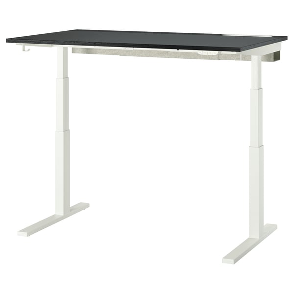Bureau debout MITTZON : rectangulaire, plateau noir, pieds blancs, hauteur réglable.