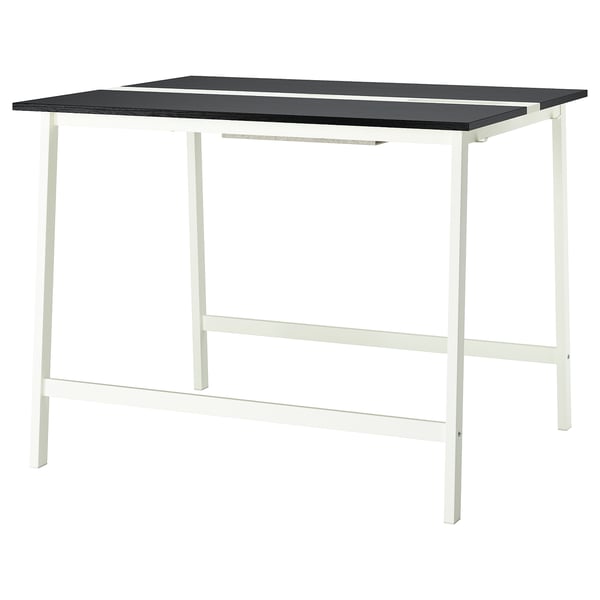 La table haute de conférence MITTZON. Il s’agit d’un dessus de table noir et d’un cadre en métal blanc. Le design est moderne, adapté à la fois à la position assise et debout.