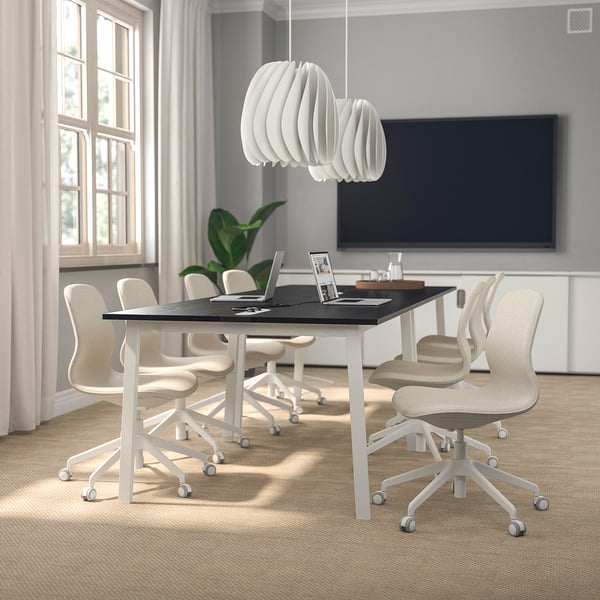 MITTZON Table conférence, plaqué frêne teinté noir/noir blanc, 140x108x75 cm