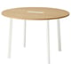 Une table de réunion ronde avec un plateau en bois clair et des pieds blancs. Moderne, minimaliste, idéal pour les petits groupes. Plateau de gestion des câbles.