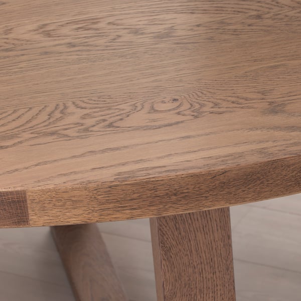 Table en bois gros plan. Grain de chêne et fabrication de qualité. Les joints en queue d’aronde assurent la durabilité.