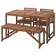 Set d’extérieur NÄMMARÖ : table à manger en bois d’acacia brun, 4 chaises et 1 banc à lattes.