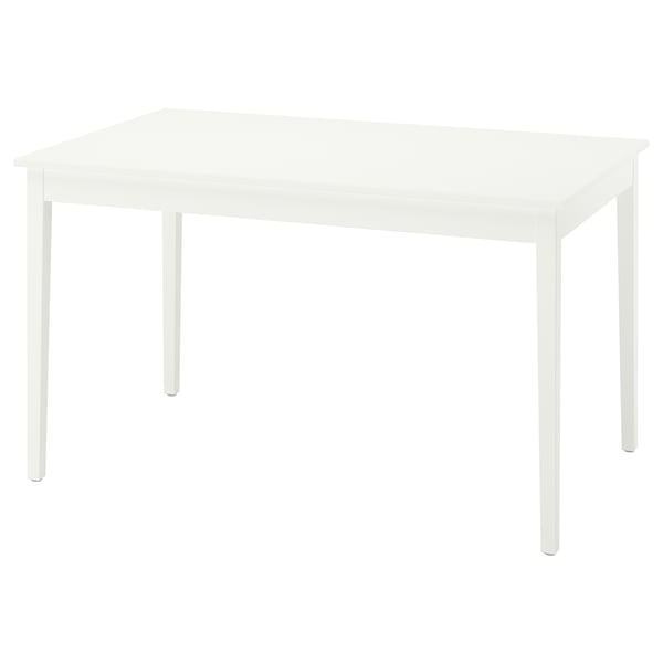 Table à manger blanche NÄSINGE, forme carrée, plateau en mélamine, pieds en bois.