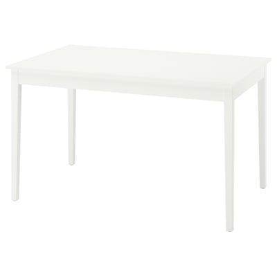 Une table à manger NÄSINGE blanche avec un plateau lisse et des pieds carrés. Quatre pieds, bords chanfreinés, design moderne et épuré.