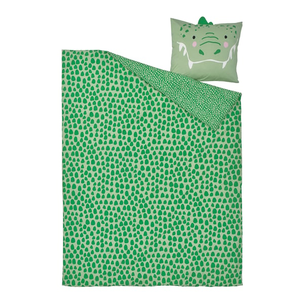 Parure de lit pour enfants à motif crocodile vert avec oreiller assorti.