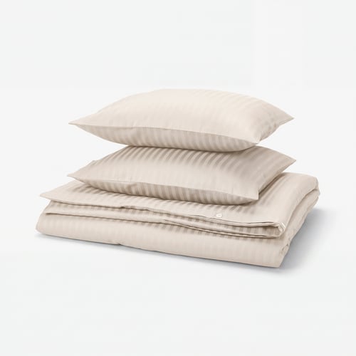 Ensemble de lit NATTJASMIN, beige. Tissu satin, 40 % coton, 60 % lyocell. Rayé, forme rectangulaire avec des rayures discrètes.