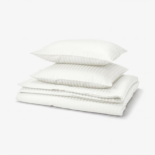 Literie NATTJASMIN, blanche, coton/satin lyocell, rayures discrètes, inclut couette, taies d’oreiller, absorbant l’humidité.