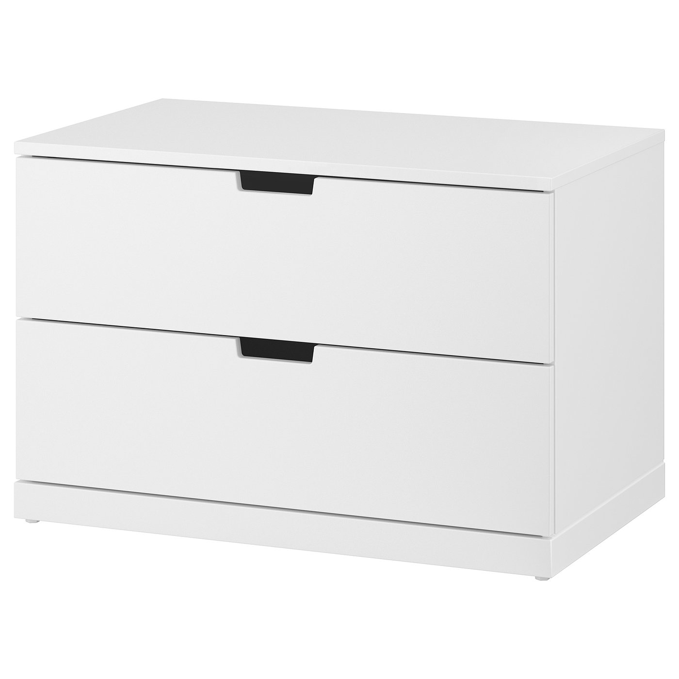 Une commode à deux tiroirs ikea NORDLI blanche. Ses poignées noires et son design élégant et moderne.