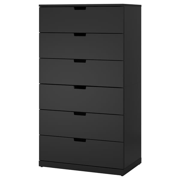 NORDLI haute, commode noire avec six tiroirs, design moderne et élégant, matériau robuste.