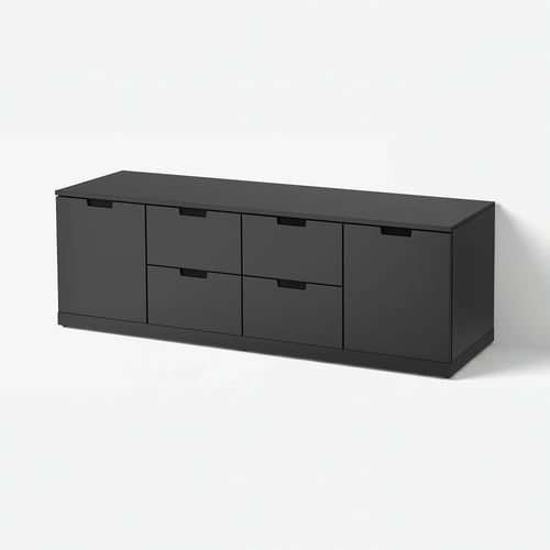 NORDLI : coffre noir moderne à 6 tiroirs, rectangulaire, finition lisse.
