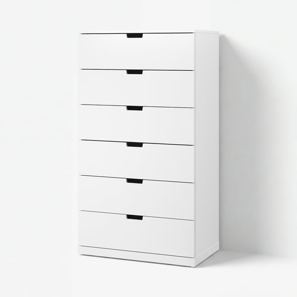 NORDLI : commode blanche à 6 tiroirs, design minimaliste moderne, façade en cellulose lisse, fixation murale sécurisée.