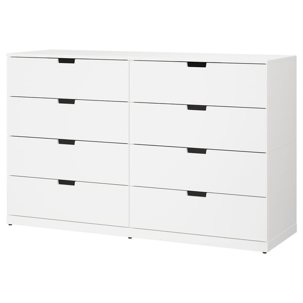 Commode blanche NORDLI à six tiroirs. Design moderne et minimaliste pour un rangement efficace.