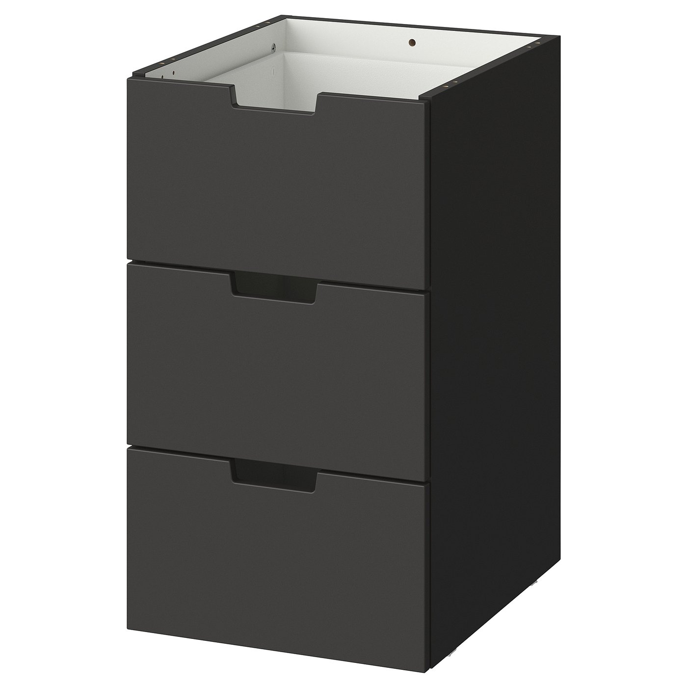 Une commode NORDLI gris foncé à trois tiroirs, en carton et peinture acrylique, conçue pour les espaces modernes.