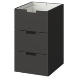 Une commode NORDLI gris foncé à trois tiroirs, en carton et peinture acrylique, conçue pour les espaces modernes.