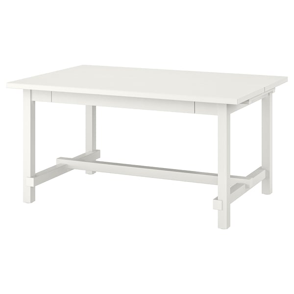 Table à manger en bois blanc NORDVIKEN. Conception rectangulaire et robuste avec des rallonges extensibles pour une assise supplémentaire.