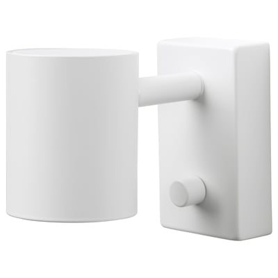Une lampe NYMÅNE blanche au design minimaliste, dotée d’un abat-jour cylindrique et d’un bras réglable.