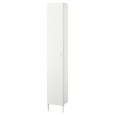 Une armoire de salle de bain haute NYSJÖN blanche avec une seule porte et des pieds en métal.